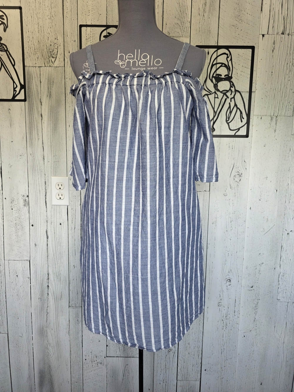 Lucky Brand Blue & White Striped Cold Shoulder Dress Size S Vacation Boho Cotton